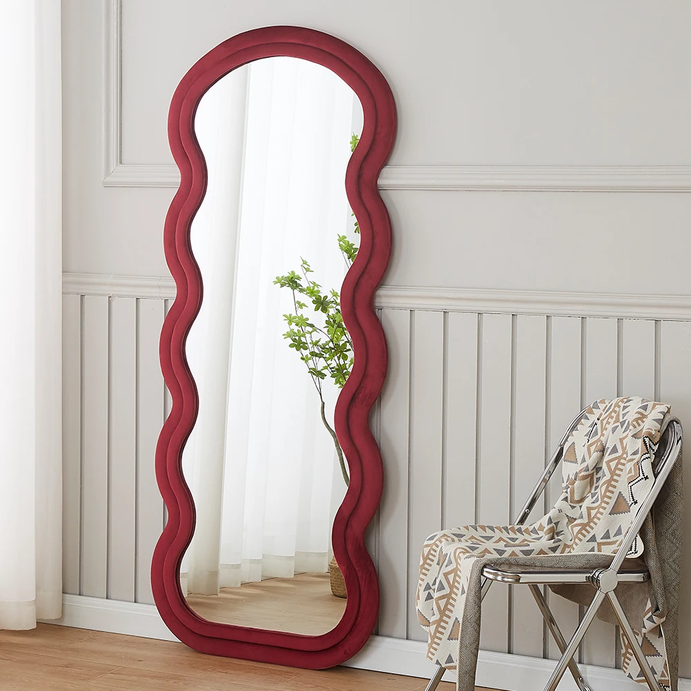 Hot Sale Arched Full Length Wooden Asymmetrical Mirror Frame Long Wavy Floor Standing Wall Leaner Mirror