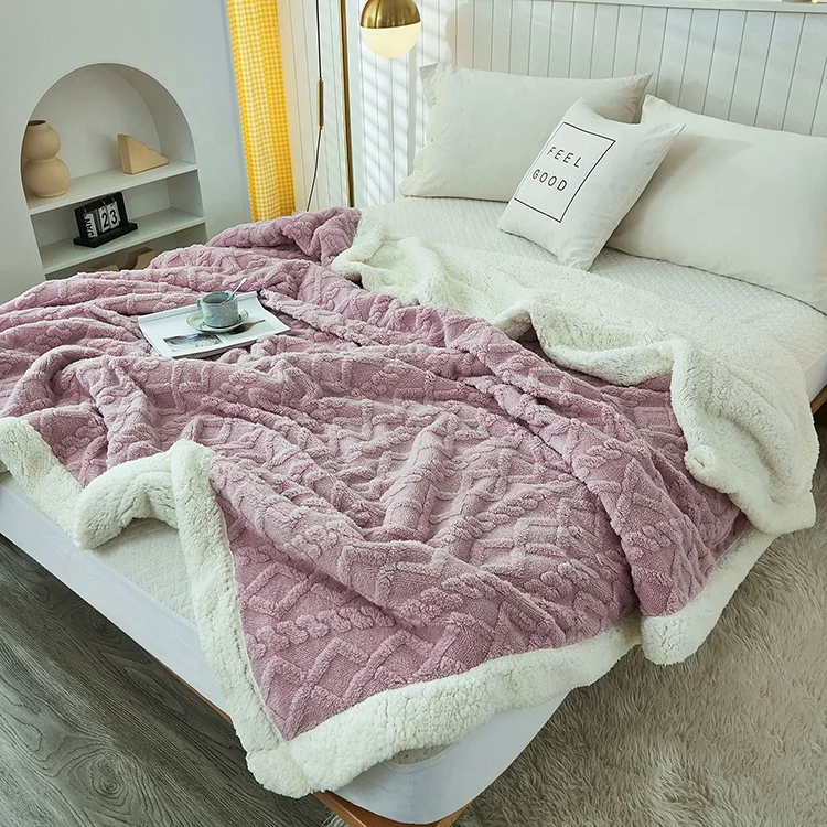 High Quality Tuff Wool Solid Color Knitted Double Layer Throw Flannel Sherpa Polyester Blanket