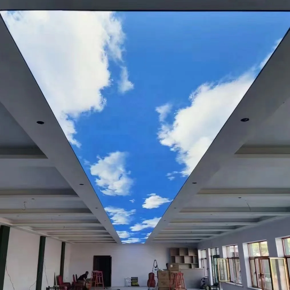 ZHIHAI fresh clean green tree leaves blue sky UV print beautiful suspended ceilings for home decoration 3d stretch ceiling film