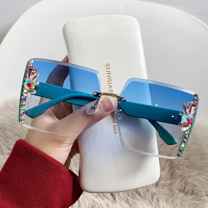 Ready To Ship 2022 LEK Wholesale Factory pc Luxury Ins Fashion Square Women Diamond uv400 Rimless Rhinestone Sunglasses