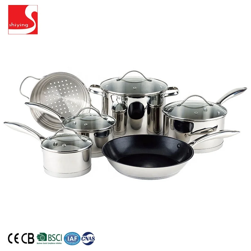 Heat resistant stainless steel noodle cooking pot and pan cookware set with flat lid