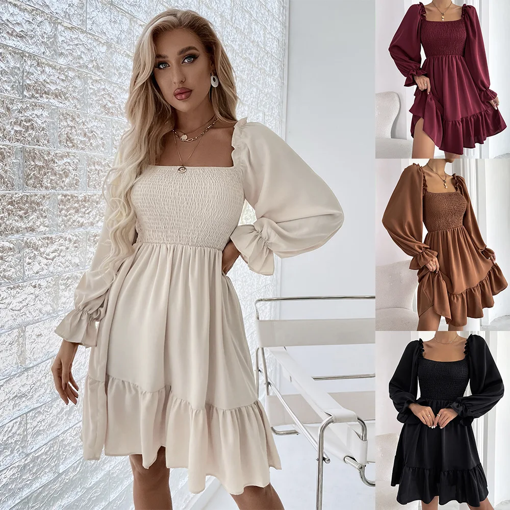 2022 Women Clothing New Hedging Square Neck Long Sleeved Casual Dresses Ruffled High Waist Tight Temperament Dress