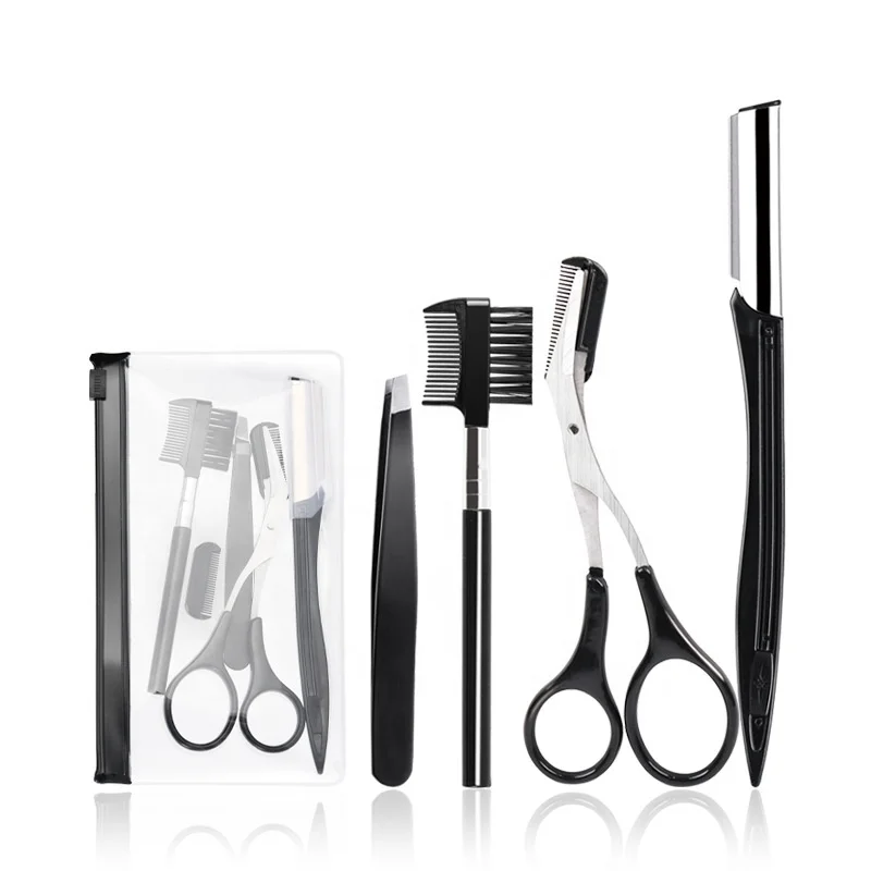 Wholesale Eyebrow Makeup Tools Kit Eyebrow Tweezers Scissors Knife Brush 4 in 1 Eyebrow Trimming Set