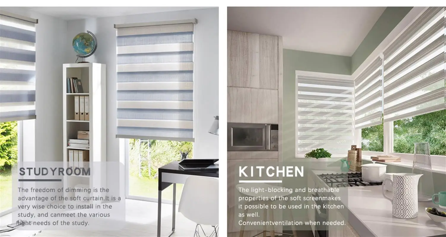 AmytongModern Cordless Zebra Blinds Blackout Polyester Fabric Vertical French Roller Shades Remote Slat Built-In Installation
