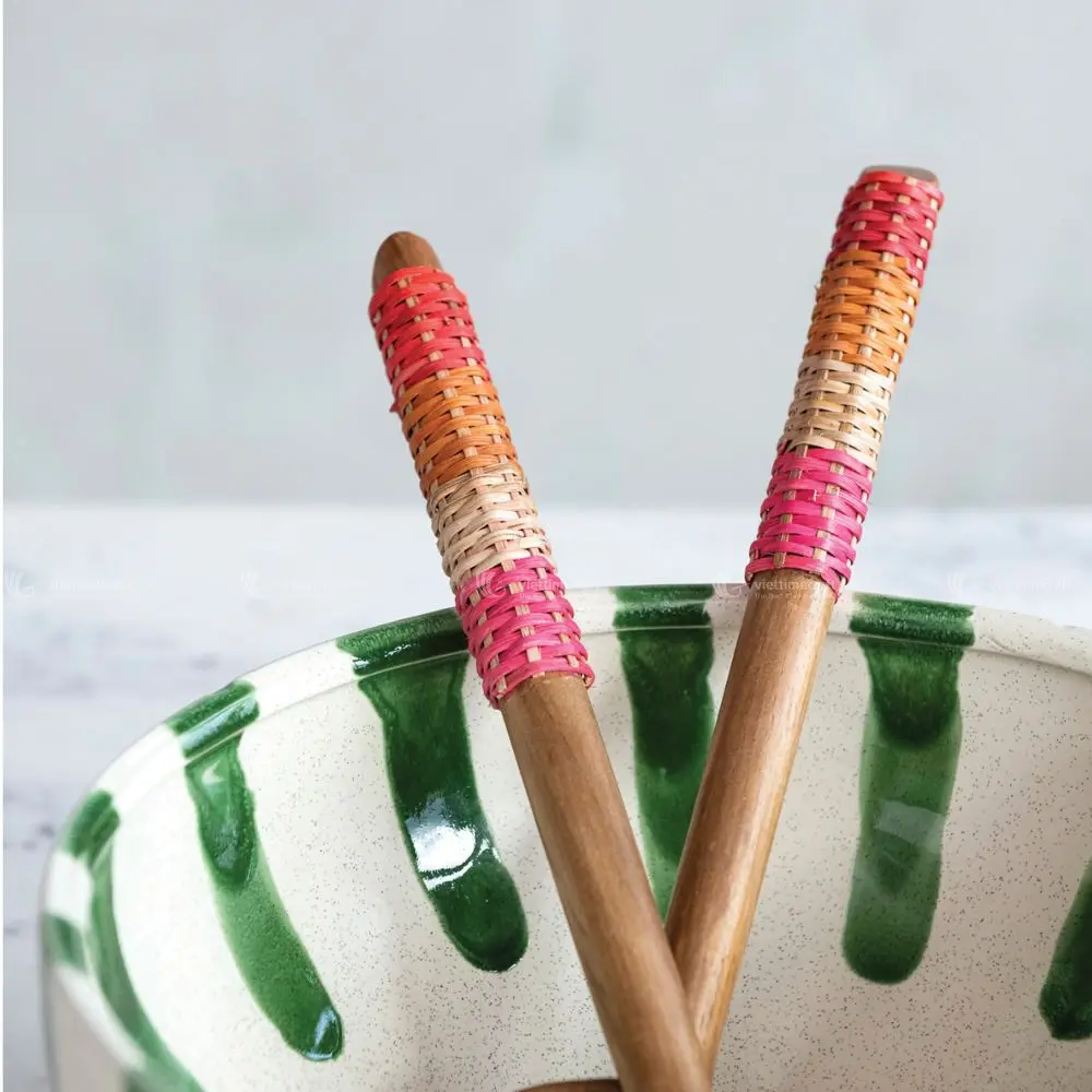 Set 2 Avocado Wood Kitchen Salad Servers, Salad Hand Rattan Wrapped, Multicolored, Set of 2 Wholesale Vietnam Handicraft