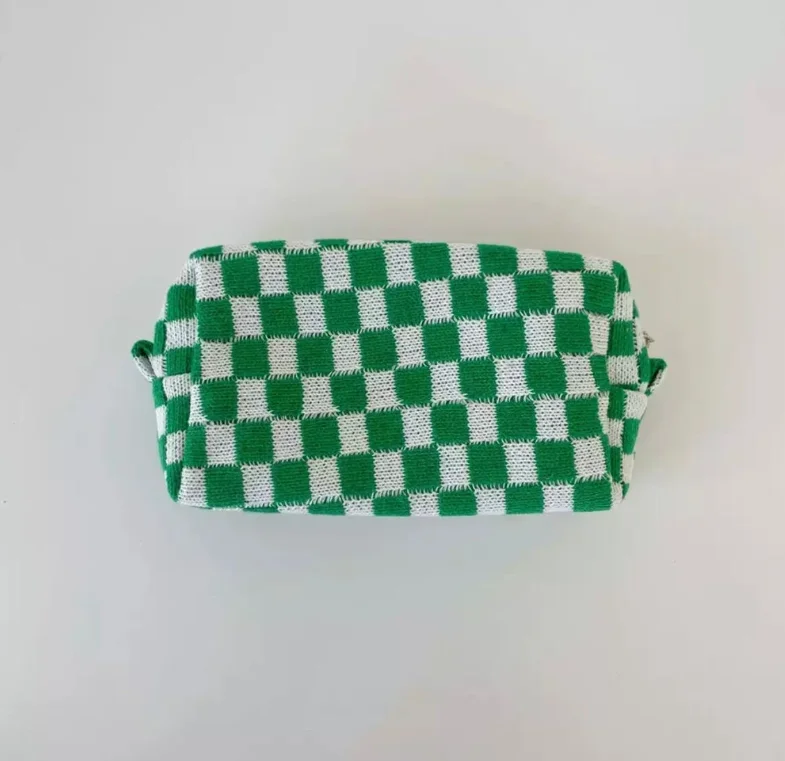 Personalized Chenille Patch Checkered Cosmetic Bag Checker Travel Makeup Bag