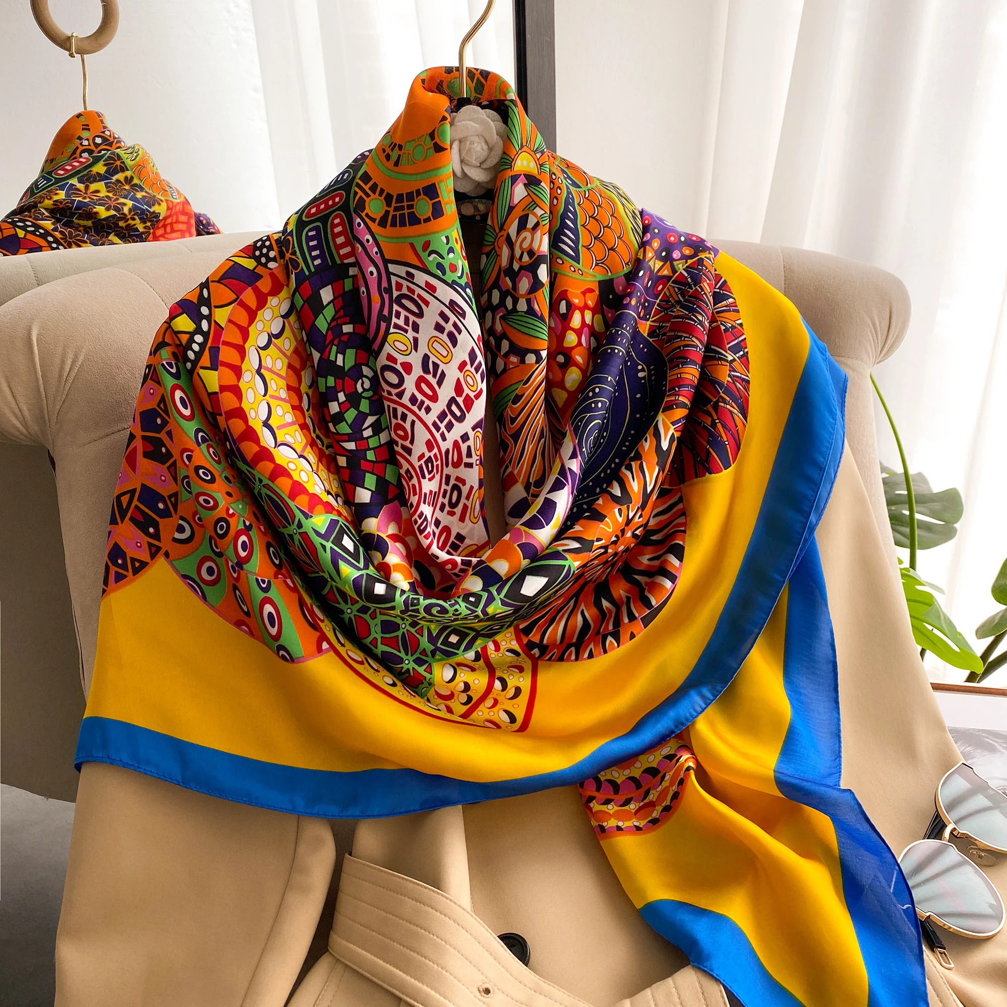 wholesale summer New  square silk scarf versatile printing decoration sunscreen 110cm silk scarf  shawls for women