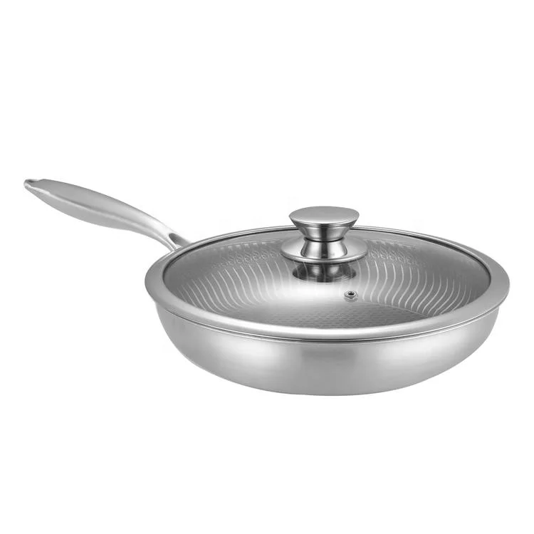 Chinese supplier 304 stainless steel smokeless 26 cm smooth slanted non stick frying pan with glass lid