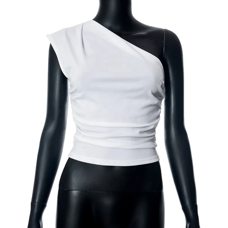 HANO White Elegant Fashion Diagonal Collar Tights Tanks Tops Sexy One Shoulder Crop Top Women Cyber Y2K Slim Pleated Vest