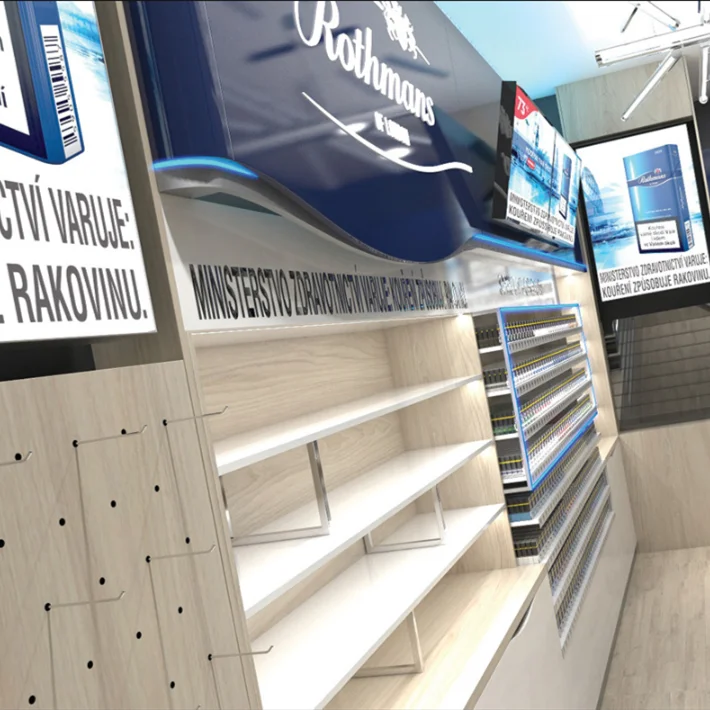 Factory custom department store center Cigarette kiosk display bar counter Wooden tobacco display shelves