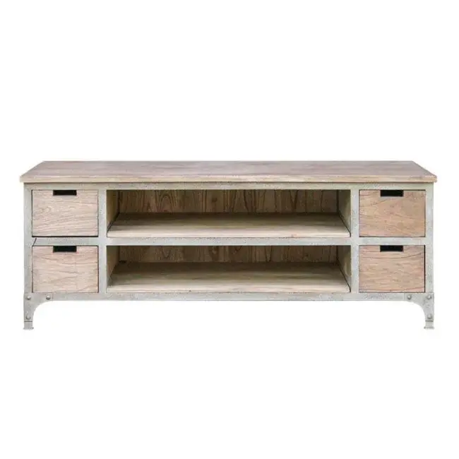 Modern Industrial & Vintage Indian Iron Solid Mango Wood TV Entertainment Cabinet Home Living Room Furniture Storage Feature
