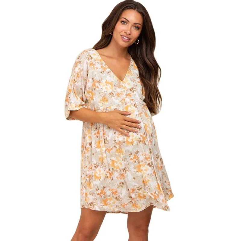 Factory Price Fashionable Sage Floral Short Sleeve Maternity Dress for Women