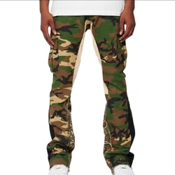 KY Distress Custom Camo Flare Pants Men Cargo Pants Manufacturer Patchwork Camouflage Pants for Men
