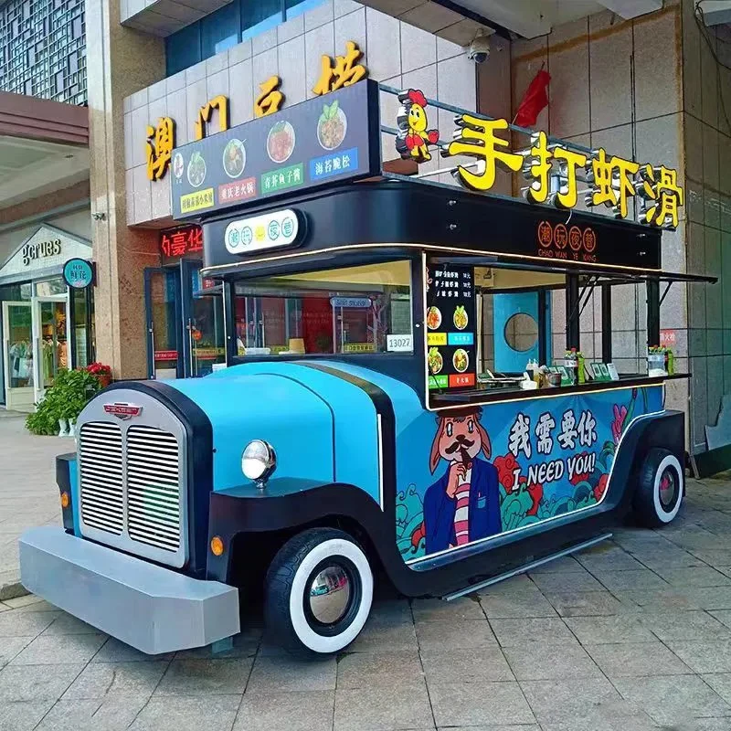New-Look Bus Mobile Street Food Truck For Business Retro Vintage Mobile Food Truck For Sale With Chinese Full Kitchen