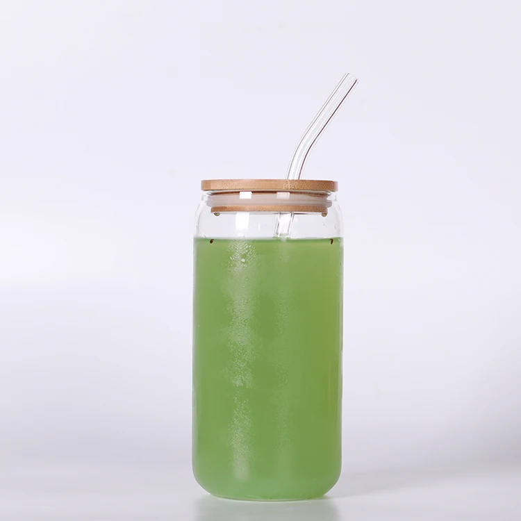 Wholesale High Borosilicate beer glass can cup with bamboo lid and straw