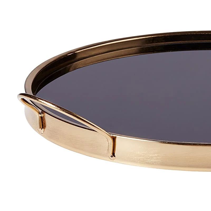 Luxury round metal vanity wine serving trays vintage gold brown glass Indian mirror trays for home and hotel table decorative