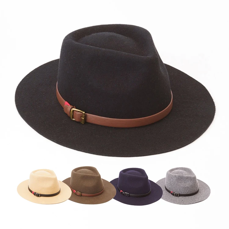 Wholesale Men Male Fashion Stylish Leather Band Wool Wide Brim Fedora Hats