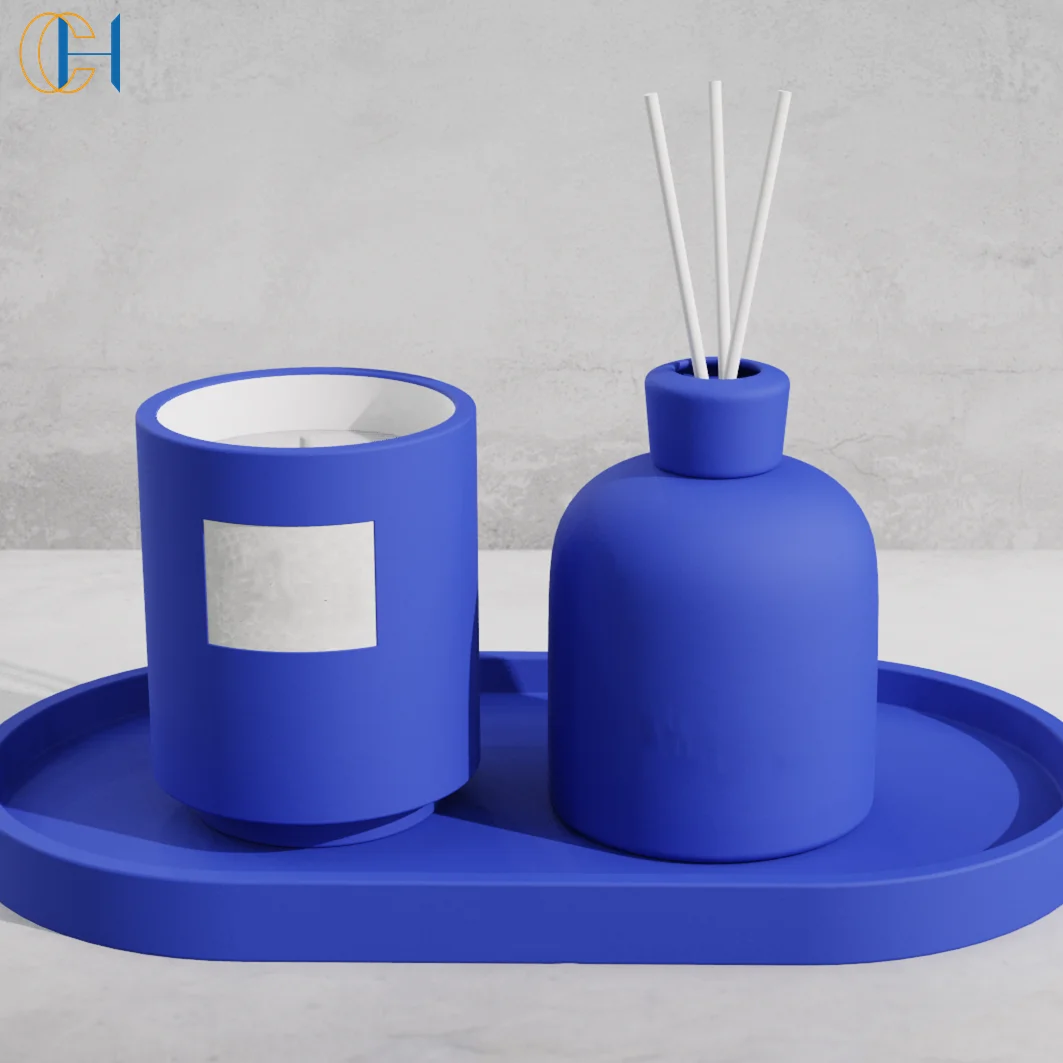 C&H Luxury High End Natural Clay Candle Holder Natural Gift Set Ceramic Jar Reed Diffuser and Soy Wax Candle