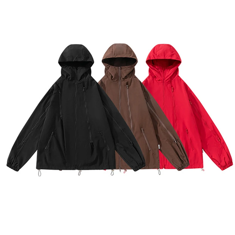 Custom Hooded Outdoor Loose Jacket Waterproof Seamless Multi Zipper Street Wear Lightweight Jacket