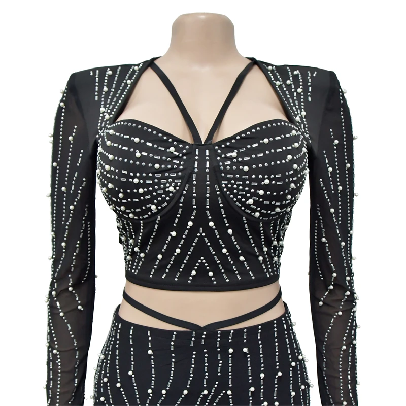 classic luxury elegant sexy transparent bead 2 piece long skirt set maxi party evening dress with rhinestone stones for wedding