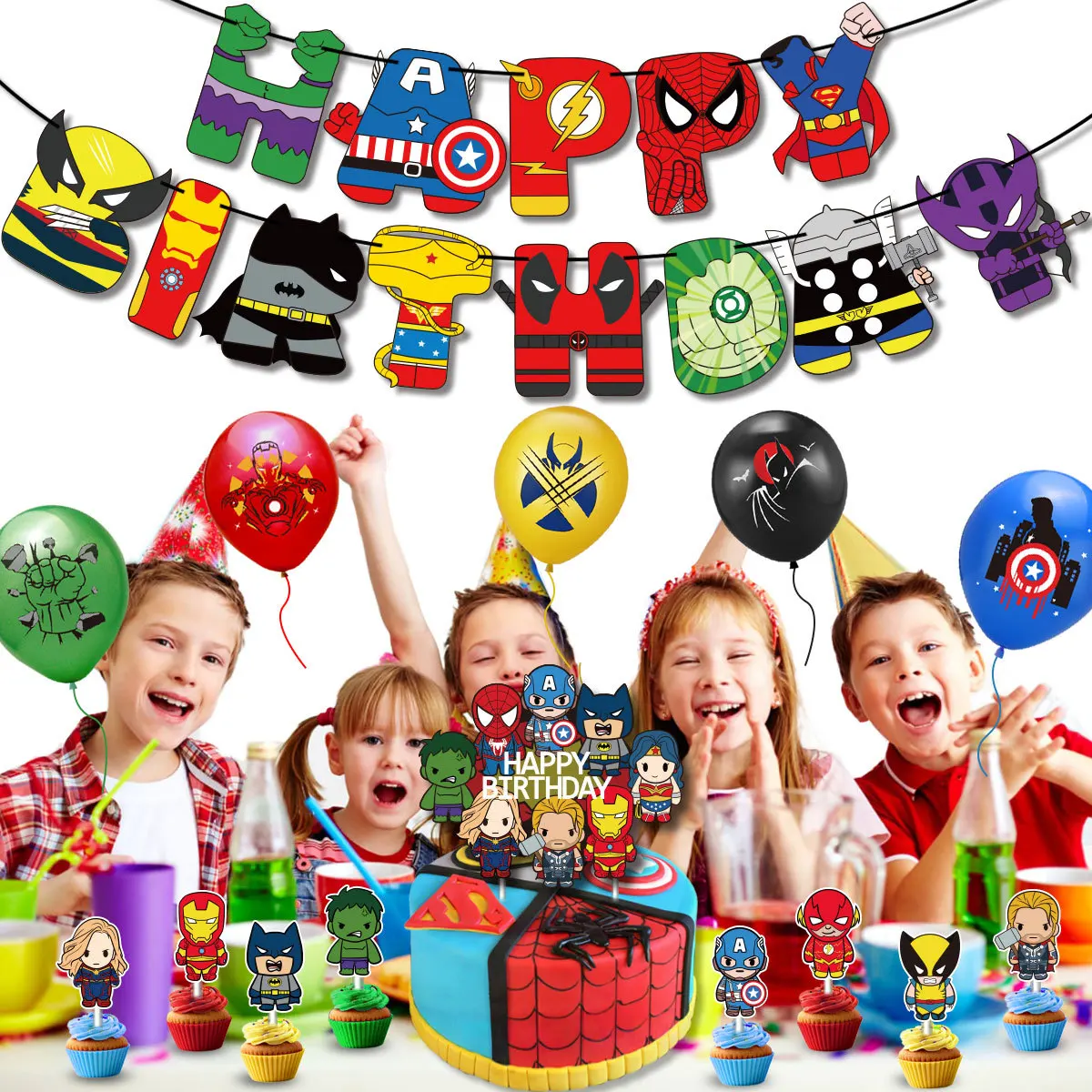 Spider-Man Super League of Legends Party Decoration Children Birthday Pulling Banner Cake Inserting Card Balloon Set Layout