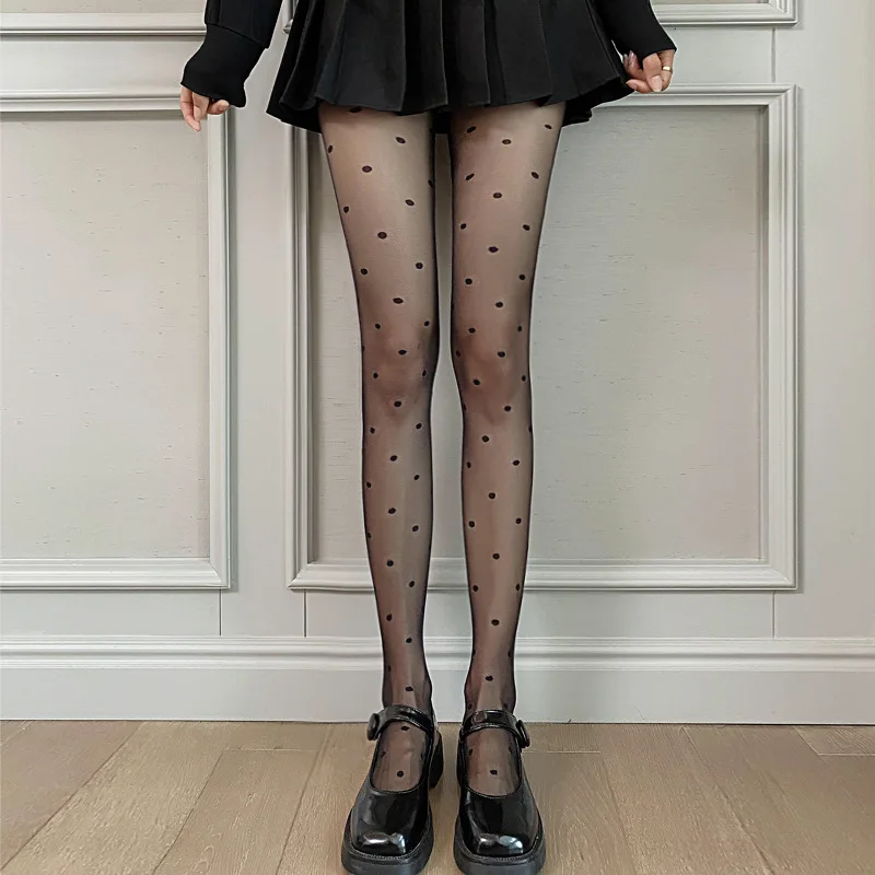 Sexy Women Tights Classic Small Polka Dot Silk Stockings Thin Lady Lace Vintage Faux Tattoo Stockings Pantyhose Elastic Hosiery