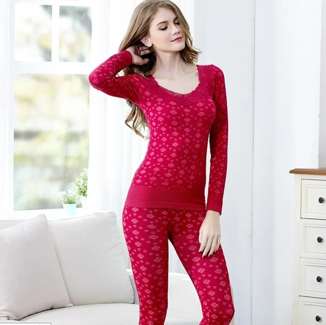 
Women Sexy V-neck Long Winter Cotton Second Female Thermal Skin Warm Suit Korean Printed Lace Thermal Underwear For Women 