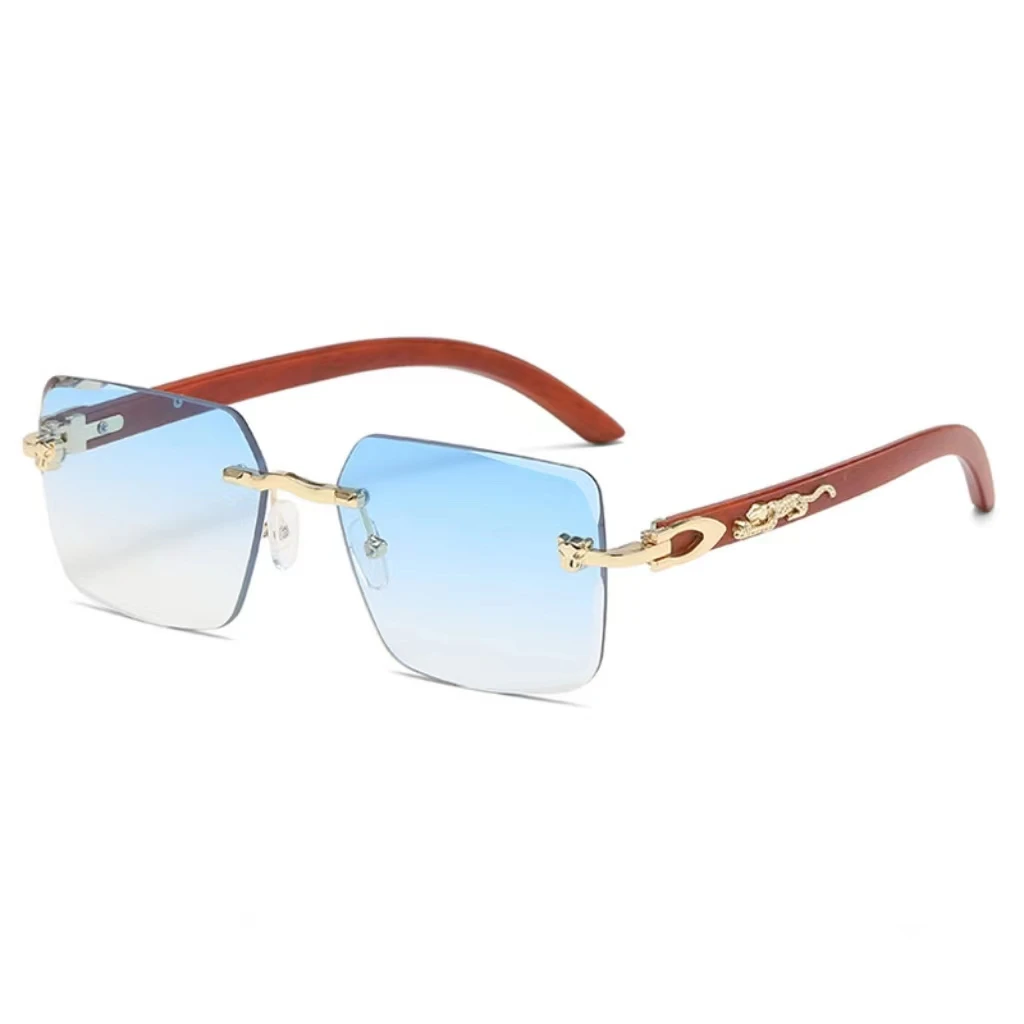 2024 Metallic vintage panther leopard rectangle Rimless cut edge classic sunglasses for unisex