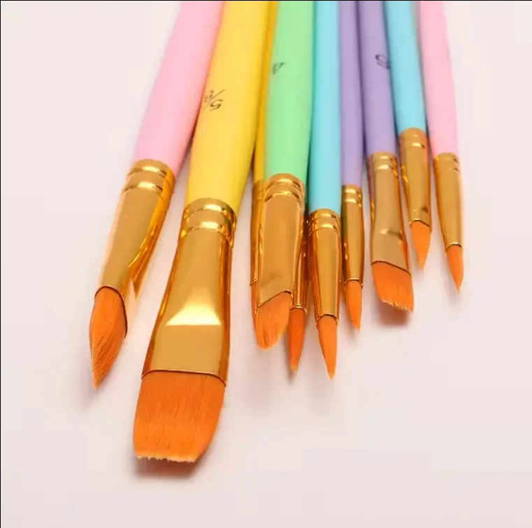 Nylon Paintbrushes Set 10pcs Flat and round Hair Shape with Wood White Black Blue Handle for Oil Watercolor Art Painting