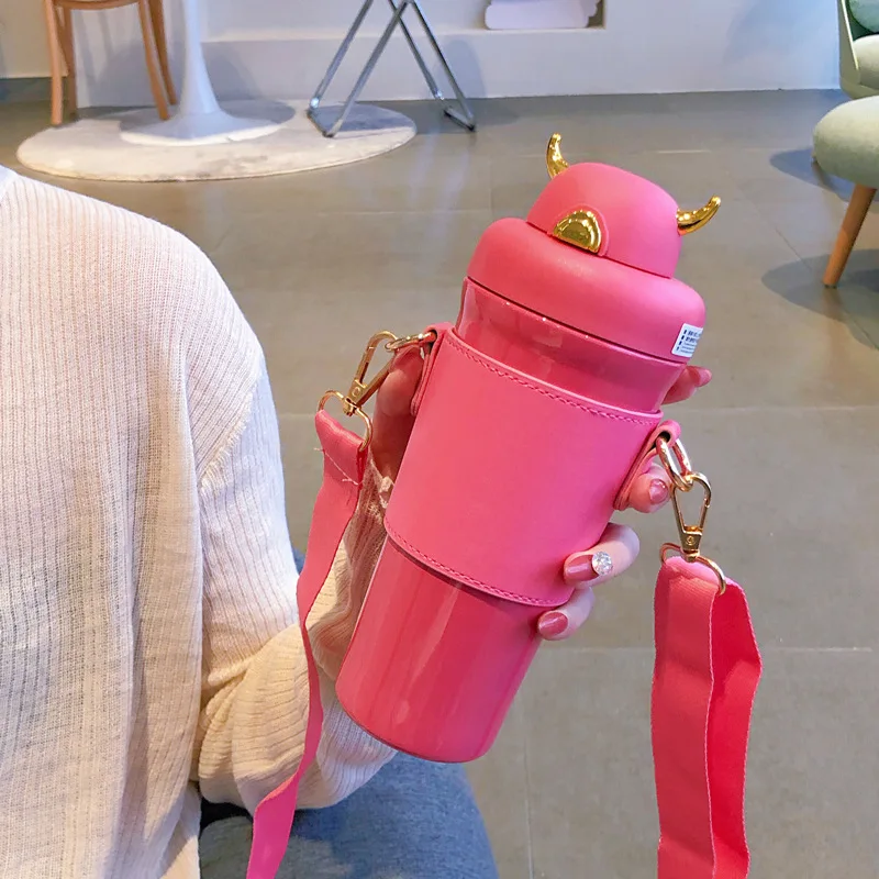 Devil Horns Shaped kids Insulation Flask lovely lady mug with straw and rope Horns Shaped kids Insulation Flask