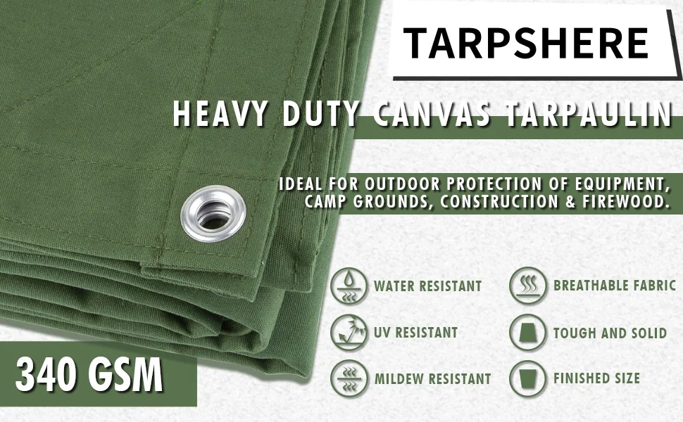 Green Canvas Tarp with Rustproof Grommets, 12 Oz 18 Oz Heavy Duty Multipurpose Tarpaulin Cover