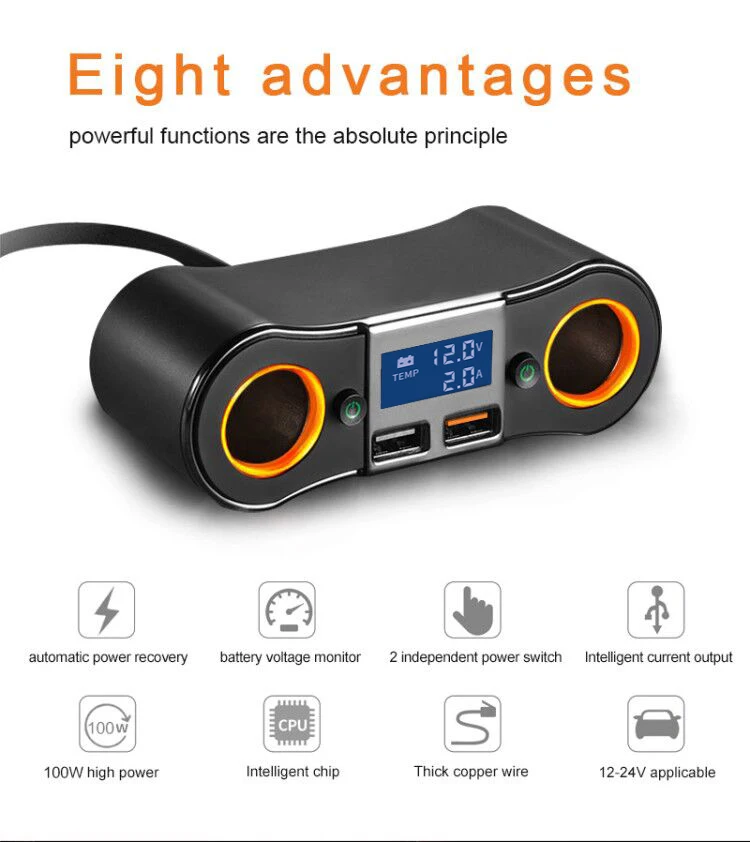 80W socket Splitter Car charger adapter 3.1A 2 USB Ports LED Display Voltage on Off Switch Cigarette Lighter Adapter Car charger