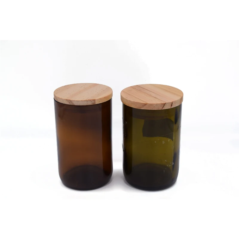 
Wholesale decorative glass candle jar amber with wooden lid 