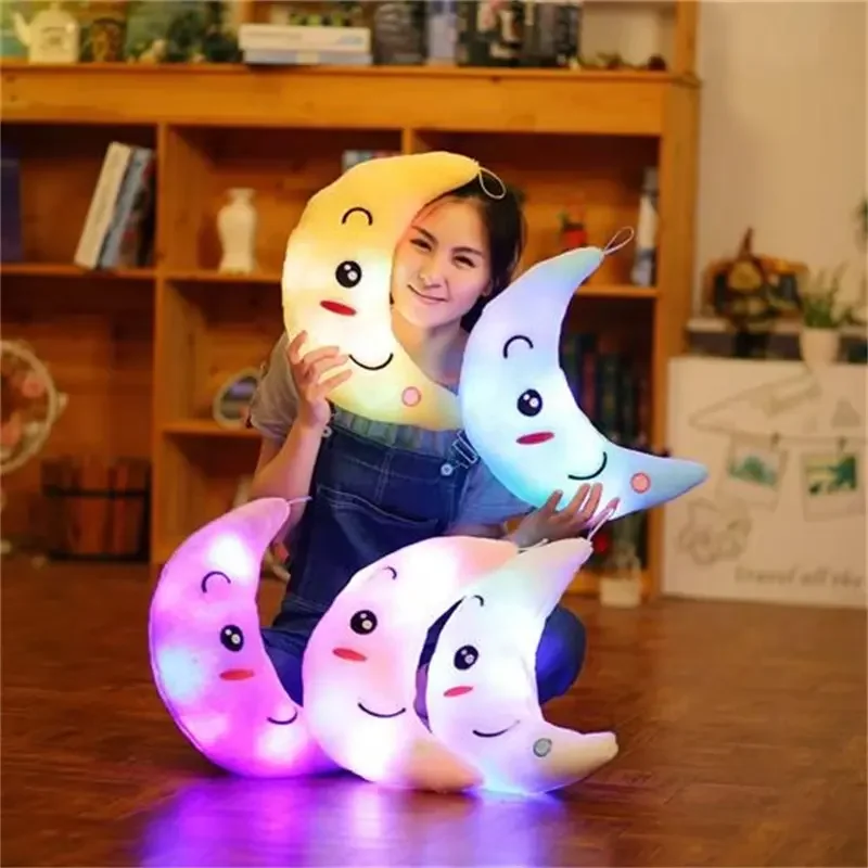 HOT wholesale Luminous Toy Moon Shaped Pillow Soft Stuffed Plush Glowing Colorful Moon Light Toys