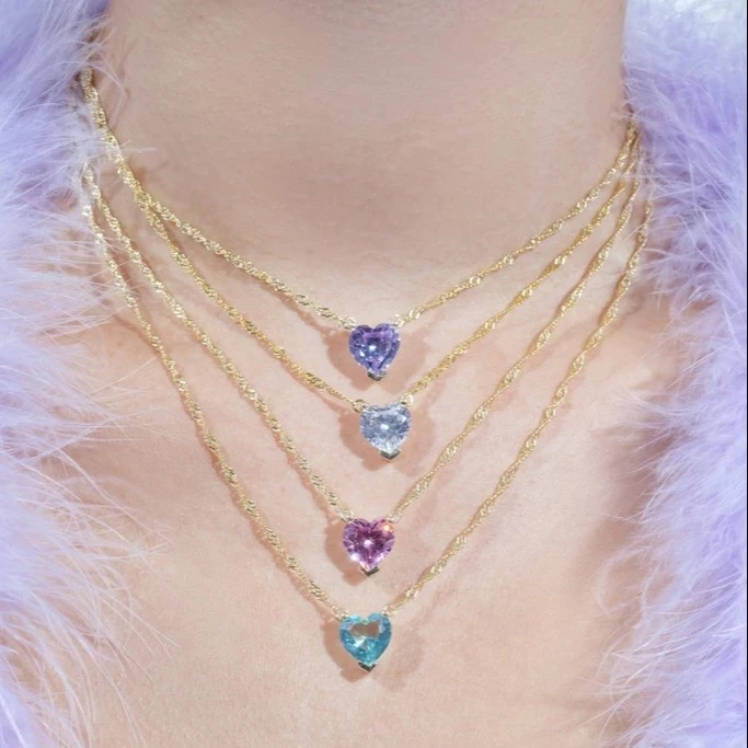 Gold Plated Big Heart Pendant 10mm white pink blue purple Zircon Rainbow cz Wedding Pendant Necklace for women Bridal jewelry