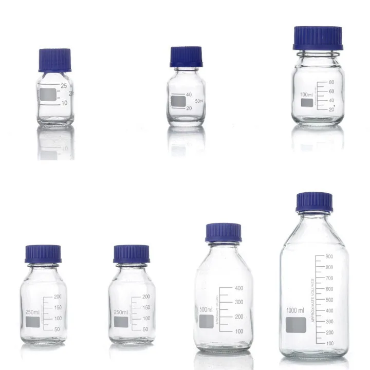 1000ML Wide Mouth Graduated Round Reagent Storage Lab Glass Bottle with GL80 Blue Polypropylene Screw Cap