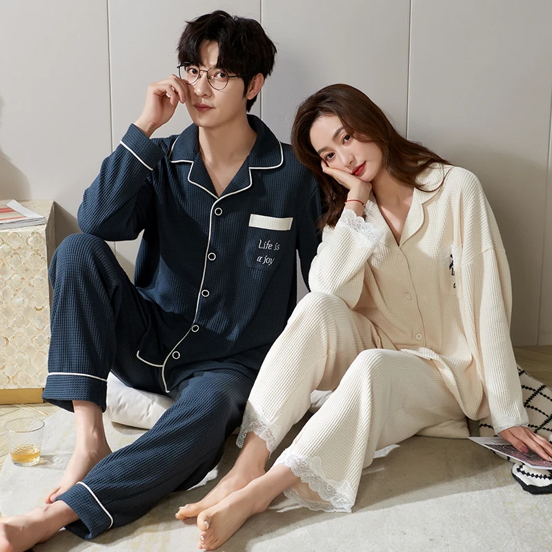 High Quality cotton sleepwear lovers suit 2 pcs Long sleeve home wear leisure pajamas for couple set