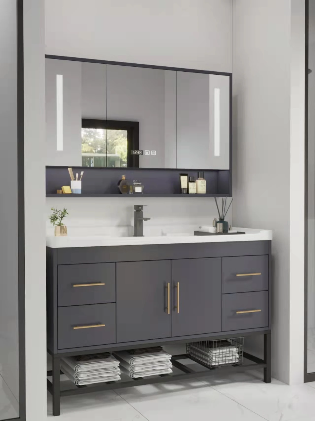 Classical black wooden double sink framed mirror big storage drawers Mdf Vanity Bathroom Cabinets for villa