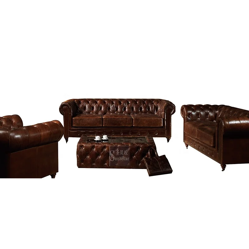 antique high quality genuine leather sofa luxury living room rustic tan leather chesterfield sofa set with tufted buttons