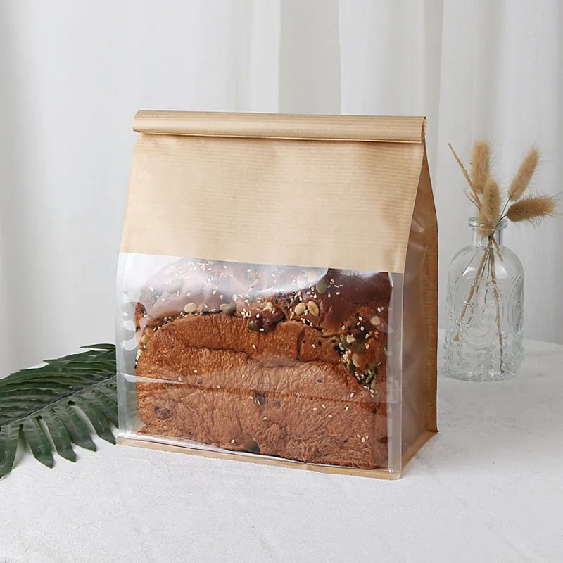 Wholesale customized Logo Medium Food Packaging good quality flat bottom tin tie dessert kraft paper bag with window