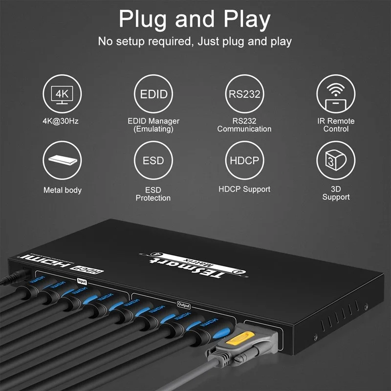 TESmart матричный HDMI коммутатор 4K HD 1080P поддержка 4-4 EDID разветвитель 4x4 4k30hz видеомаритрный селектор
