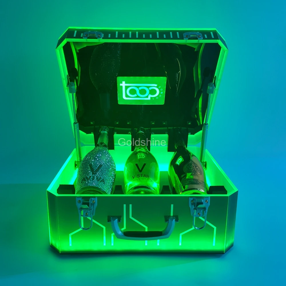 Custom Logo 3 Bottles Led Bottle Presenter Glorifier Acrylic LED Wine Display Box Suitcase Bottle Carrier Case for Nightclub Bar