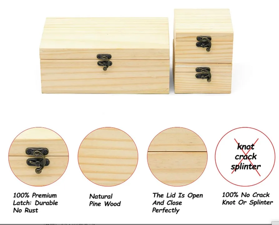 Custom logo wooden box rectangular hinged pine gift jewelry box wooden box