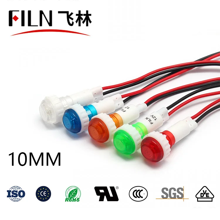 FILN hot sale 10mm plastic signal lamp 12VDC red yellow green kitchen equipment indicator lights