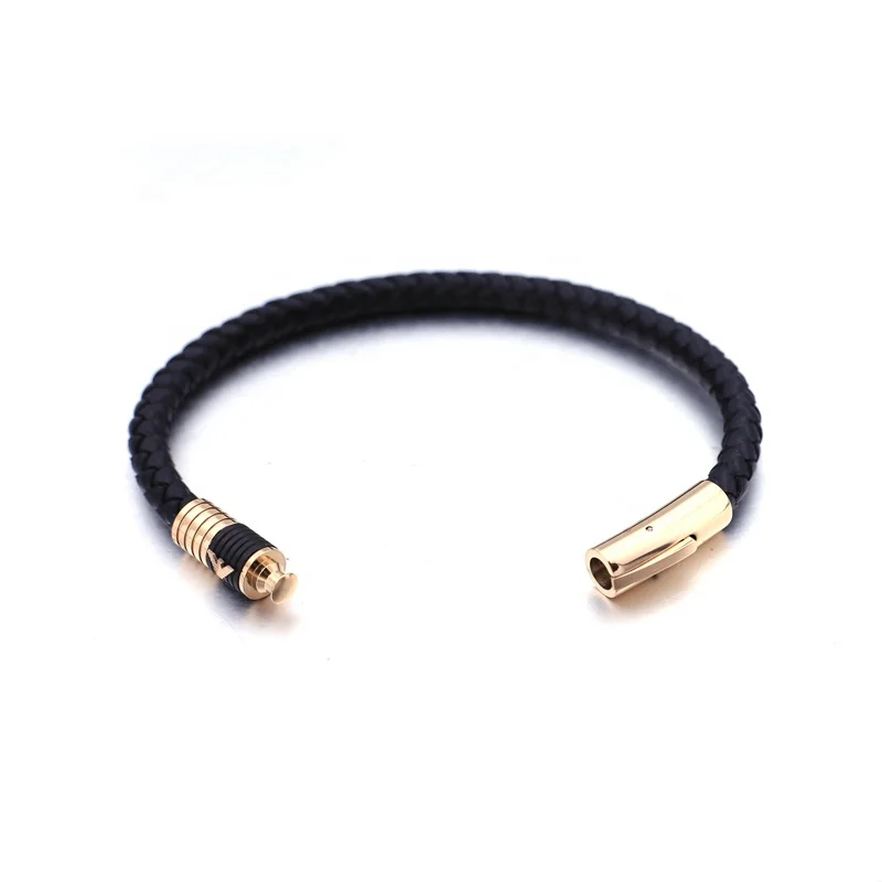 Fashion Jewelry Charm Stainless Steel Rose Gold Classical Magnetic Clasp Braided Black Genuine Leather Bracelet