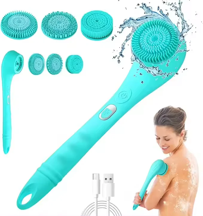 New Exfoliate Bristle Brush Body Mssage  with Long Handel Waterproof Body Scrubber USB Rechargeable Silicone Body Bath Brush