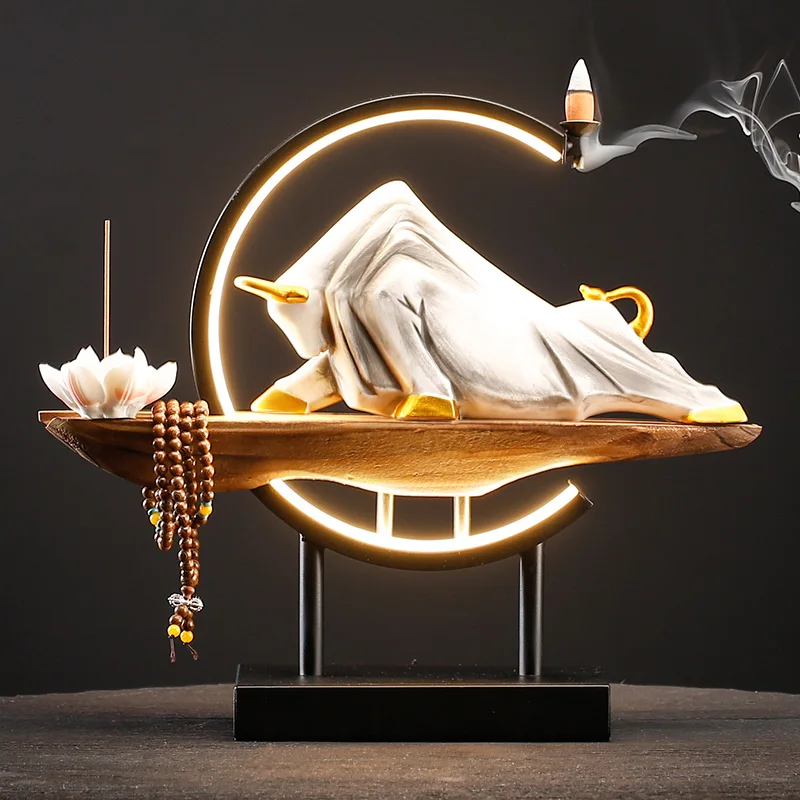 2023 Hot Sale Fragrance Ceramic Bull Shape Ceramic Led Light Incense Burner For Home Decor