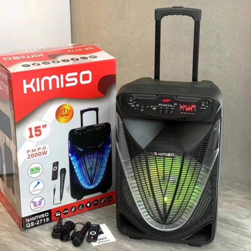 Kimiso15 дюймов BT динамик QS-2719 со светодиодной цветной свет и беспроводной микрофон для караоке на открытом воздухе диктор вагонетки