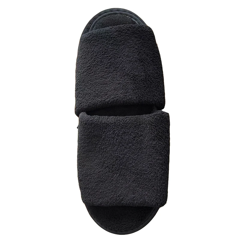 Wholesale luxury hotel room indoors personalized coral fleece disposable hotel slippers black quiet indoor slipper