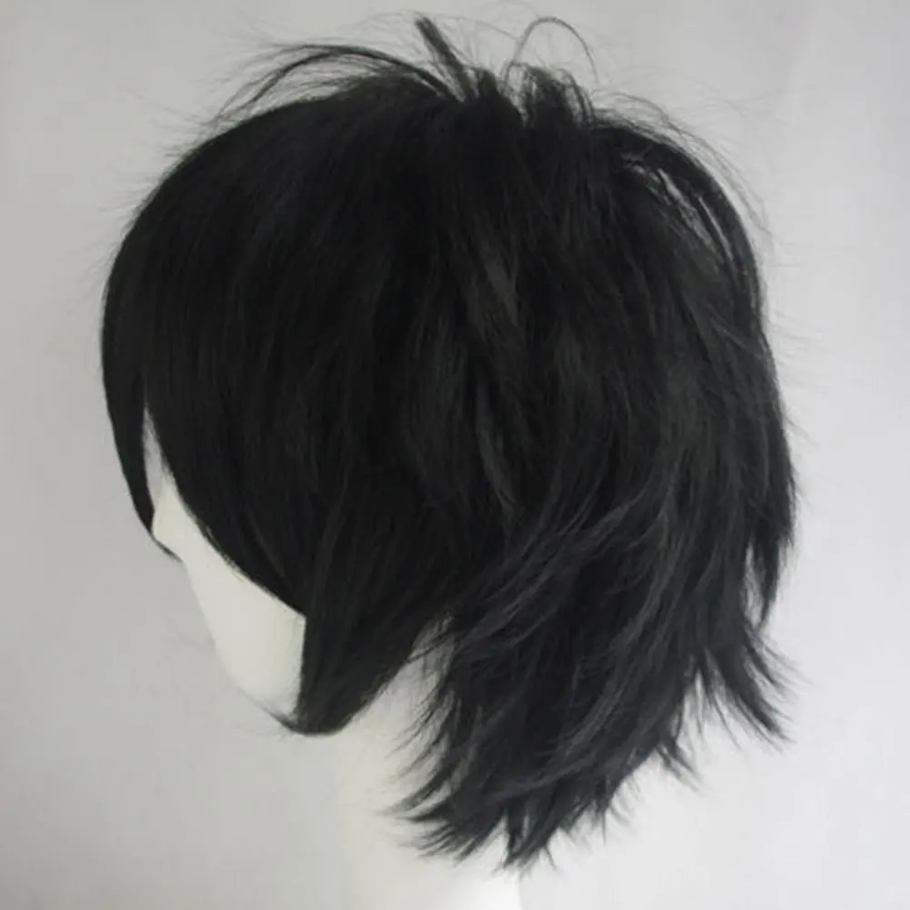 Unisex 30cm Short Black Fluffy Straight Toupee Men Synthetic Hair Hair Wig Anime For Cosplay